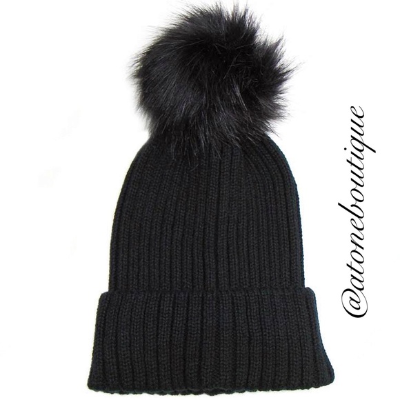 SOLD OUT // Faux Fur Pompom Ribbed Beanie Hat - Picture 2 of 7